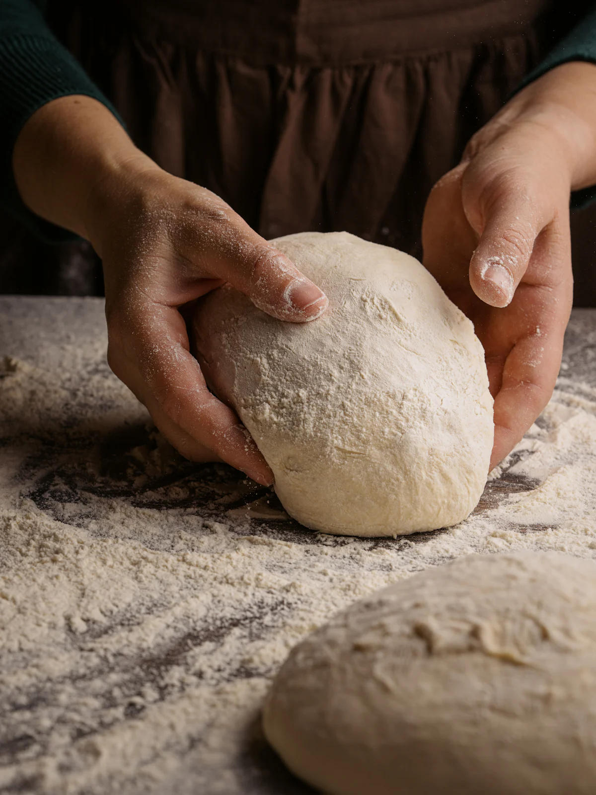 Mãos a moldar uma bola de massa de pão numa bancada enfarinhada
